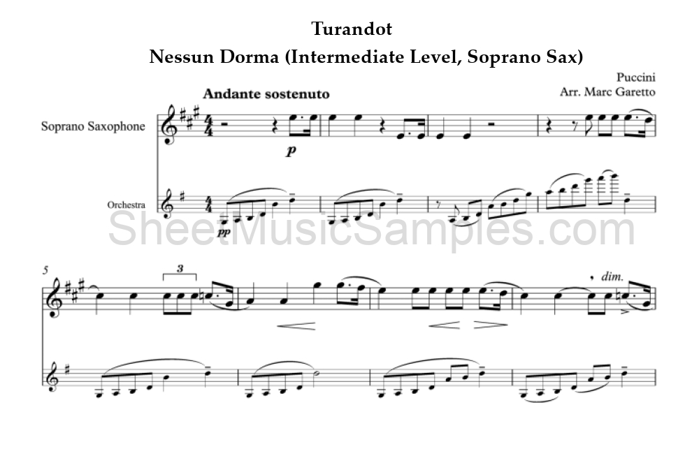 Turandot - Nessun Dorma (Intermediate Level, Soprano Sax)