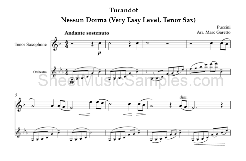 Turandot - Nessun Dorma (Very Easy Level, Tenor Sax)