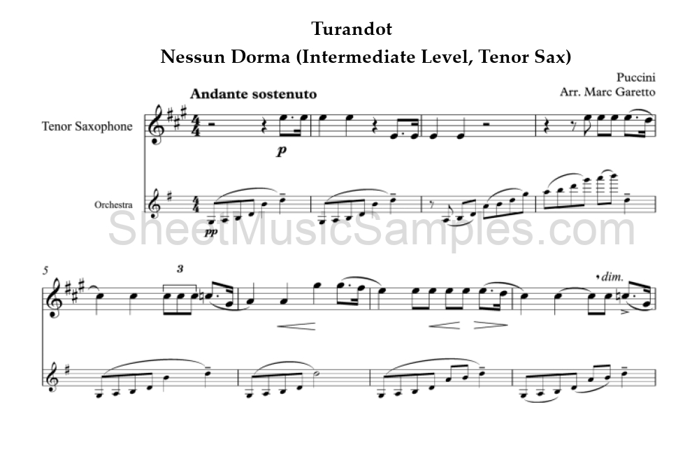 Turandot - Nessun Dorma (Intermediate Level, Tenor Sax)