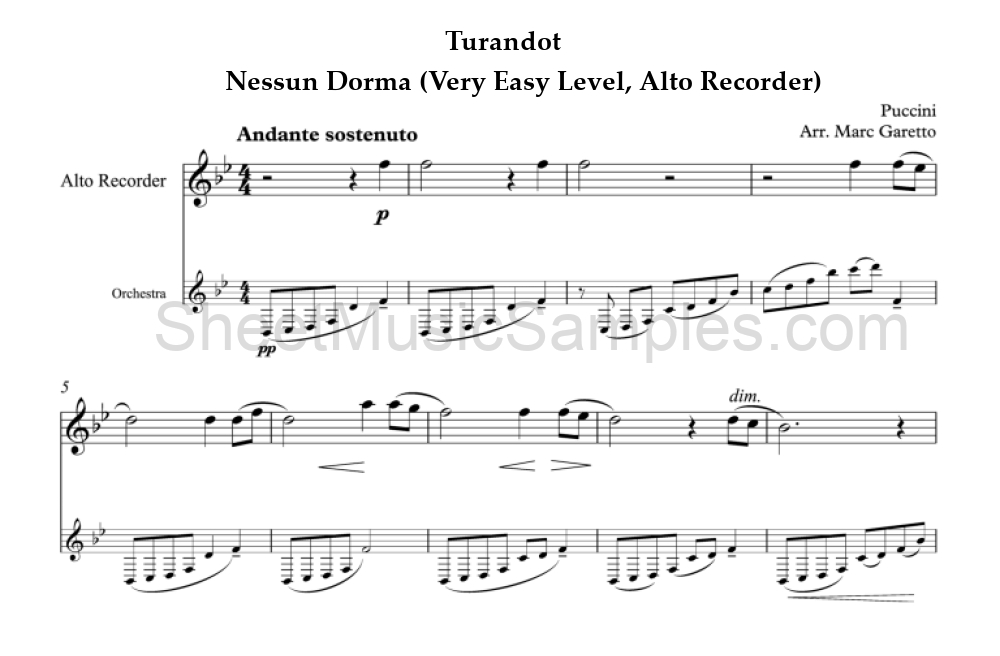 Turandot - Nessun Dorma (Very Easy Level, Alto Recorder)