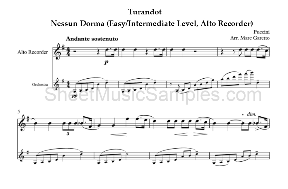 Turandot - Nessun Dorma (Easy/Intermediate Level, Alto Recorder)