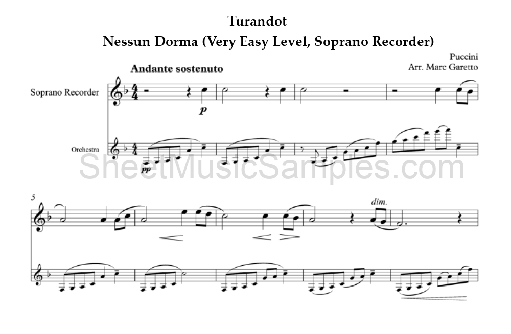 Turandot - Nessun Dorma (Very Easy Level, Soprano Recorder)