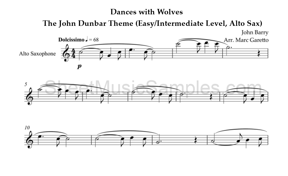 Dances with Wolves - The John Dunbar Theme (Easy/Intermediate Level, Alto Sax)