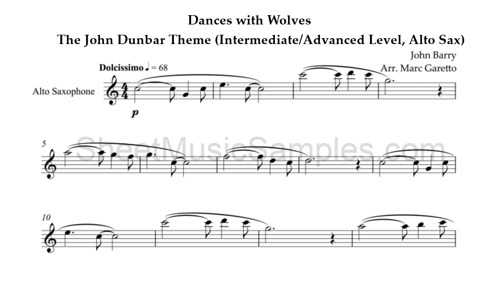 Dances with Wolves - The John Dunbar Theme (Intermediate/Advanced Level, Alto Sax)