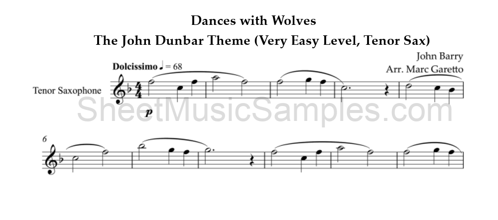 Dances with Wolves - The John Dunbar Theme (Very Easy Level, Tenor Sax)