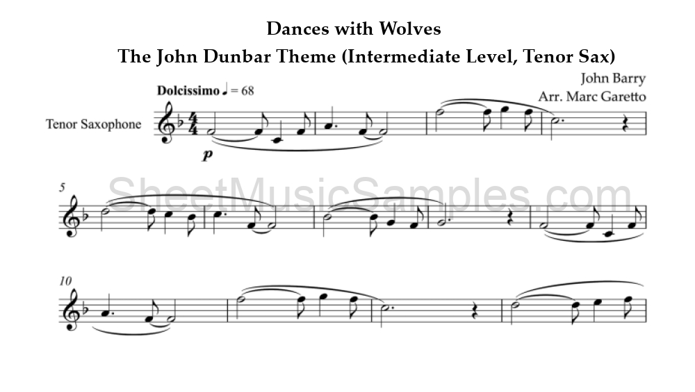 Dances with Wolves - The John Dunbar Theme (Intermediate Level, Tenor Sax)