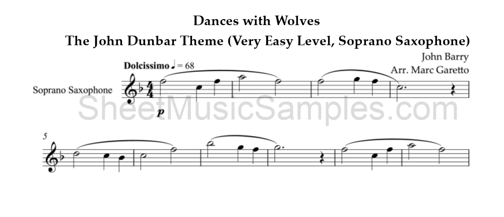 Dances with Wolves - The John Dunbar Theme (Very Easy Level, Soprano Saxophone)