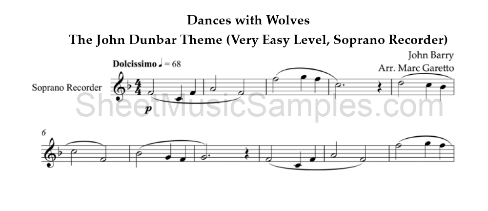 Dances with Wolves - The John Dunbar Theme (Very Easy Level, Soprano Recorder)