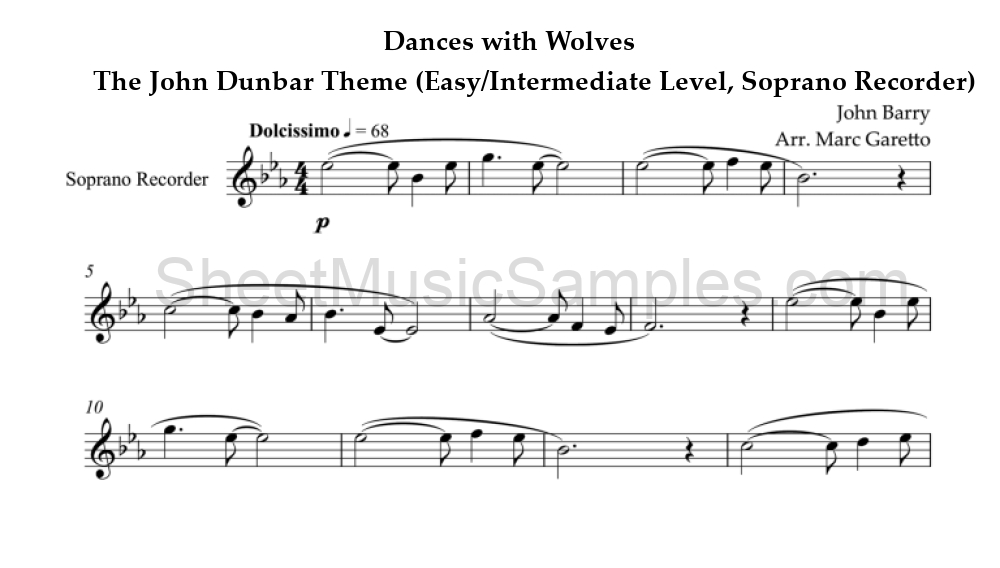 Dances with Wolves - The John Dunbar Theme (Easy/Intermediate Level, Soprano Recorder)