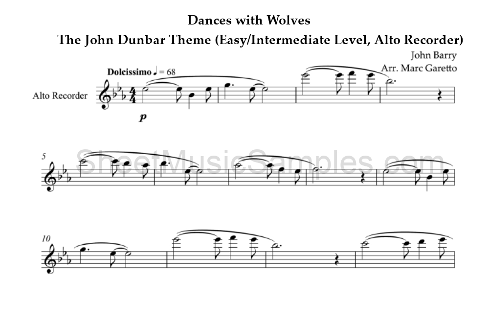 Dances with Wolves - The John Dunbar Theme (Easy/Intermediate Level, Alto Recorder)