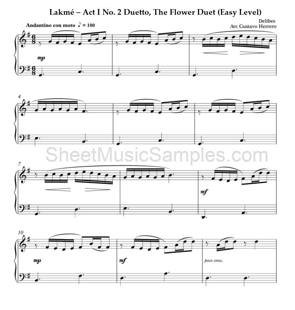 Lakmé – Act I No. 2 Duetto, The Flower Duet (Easy Level)