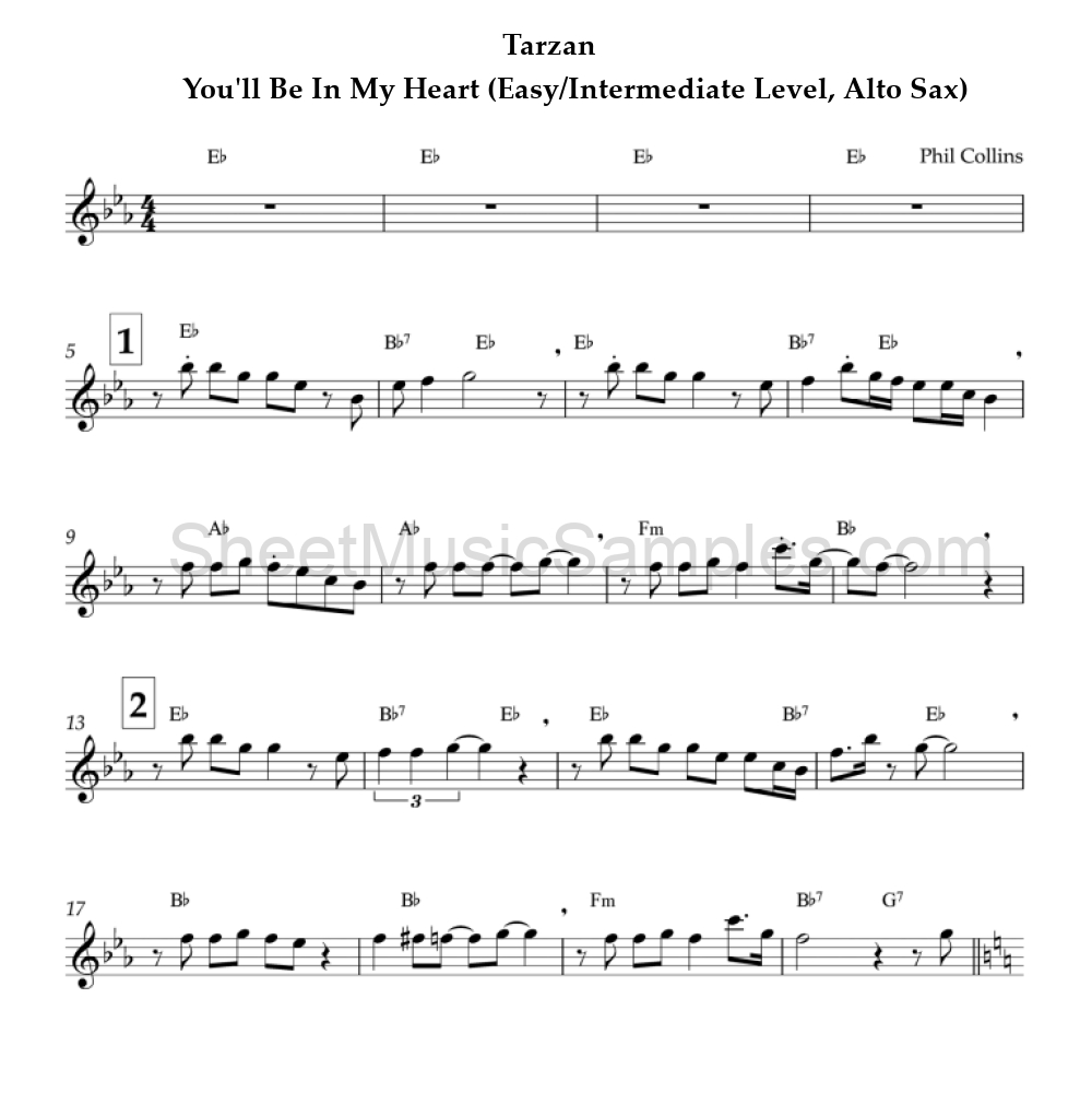 Tarzan - You'll Be In My Heart (Easy/Intermediate Level, Alto Sax)