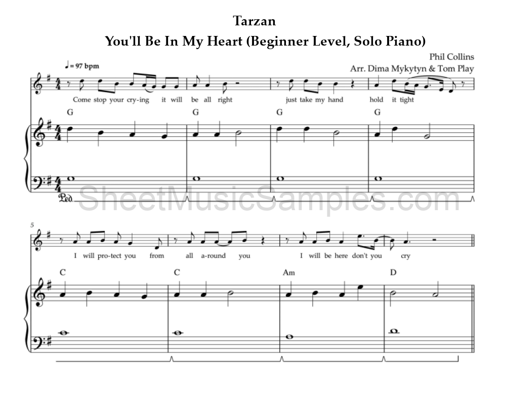 Tarzan - You'll Be In My Heart (Beginner Level, Solo Piano)