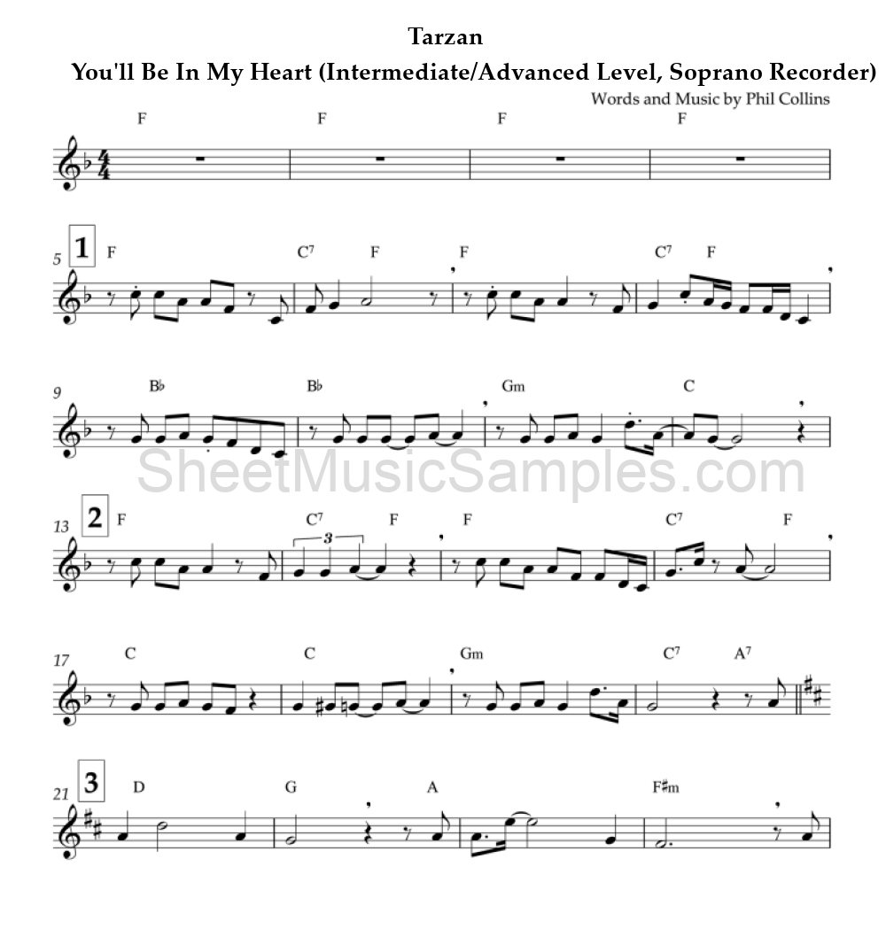 Tarzan - You'll Be In My Heart (Intermediate/Advanced Level, Soprano Recorder)