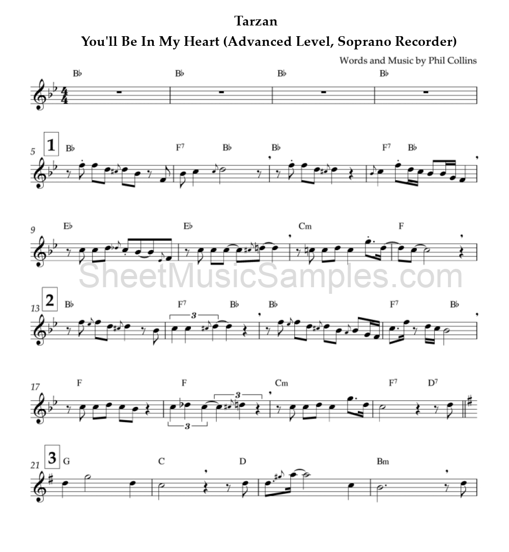 Tarzan - You'll Be In My Heart (Advanced Level, Soprano Recorder)