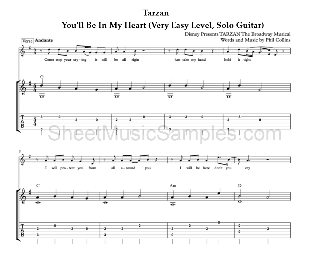 Tarzan - You'll Be In My Heart (Very Easy Level, Solo Guitar)