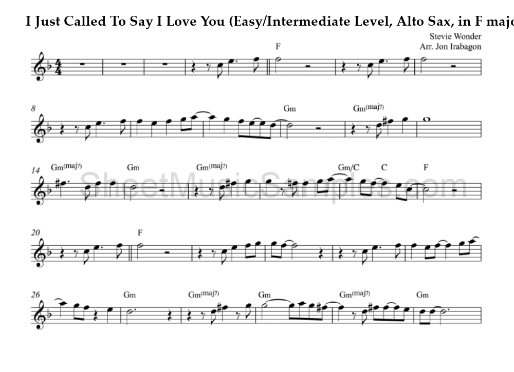 I Just Called To Say I Love You (Easy/Intermediate Level, Alto Sax, in F major)