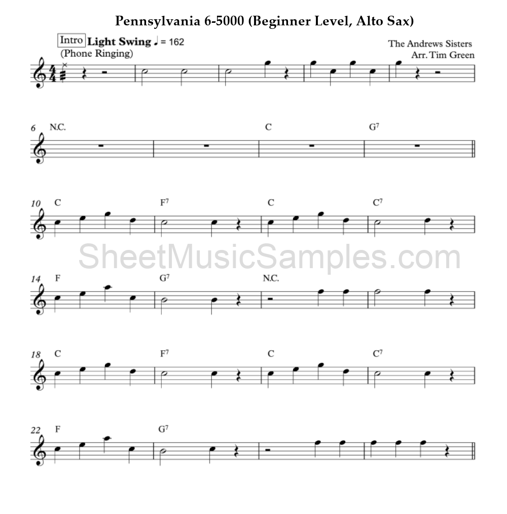 Pennsylvania 6-5000 (Beginner Level, Alto Sax)