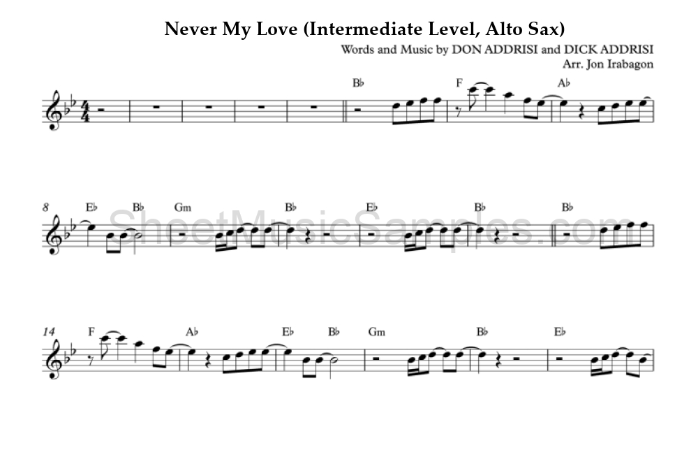 Never My Love (Intermediate Level, Alto Sax)