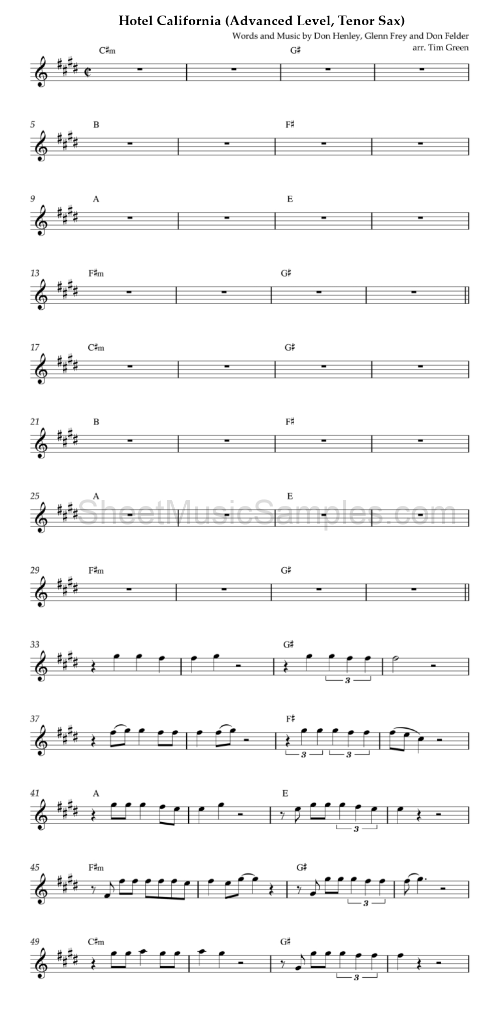 Hotel California (Advanced Level, Tenor Sax)