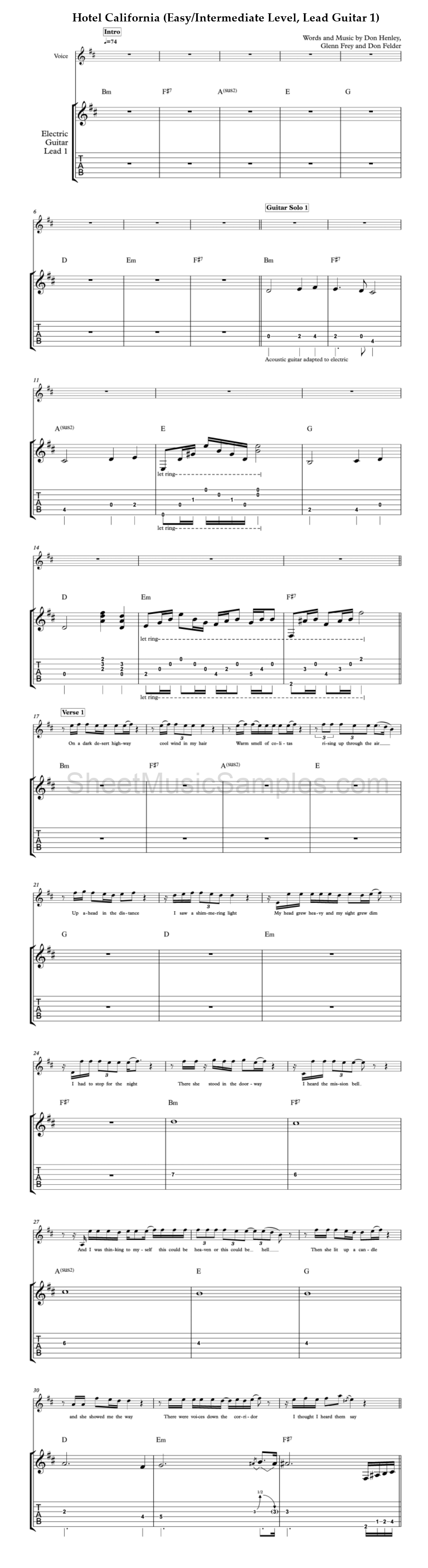 Hotel California (Easy/Intermediate Level, Lead Guitar 1)