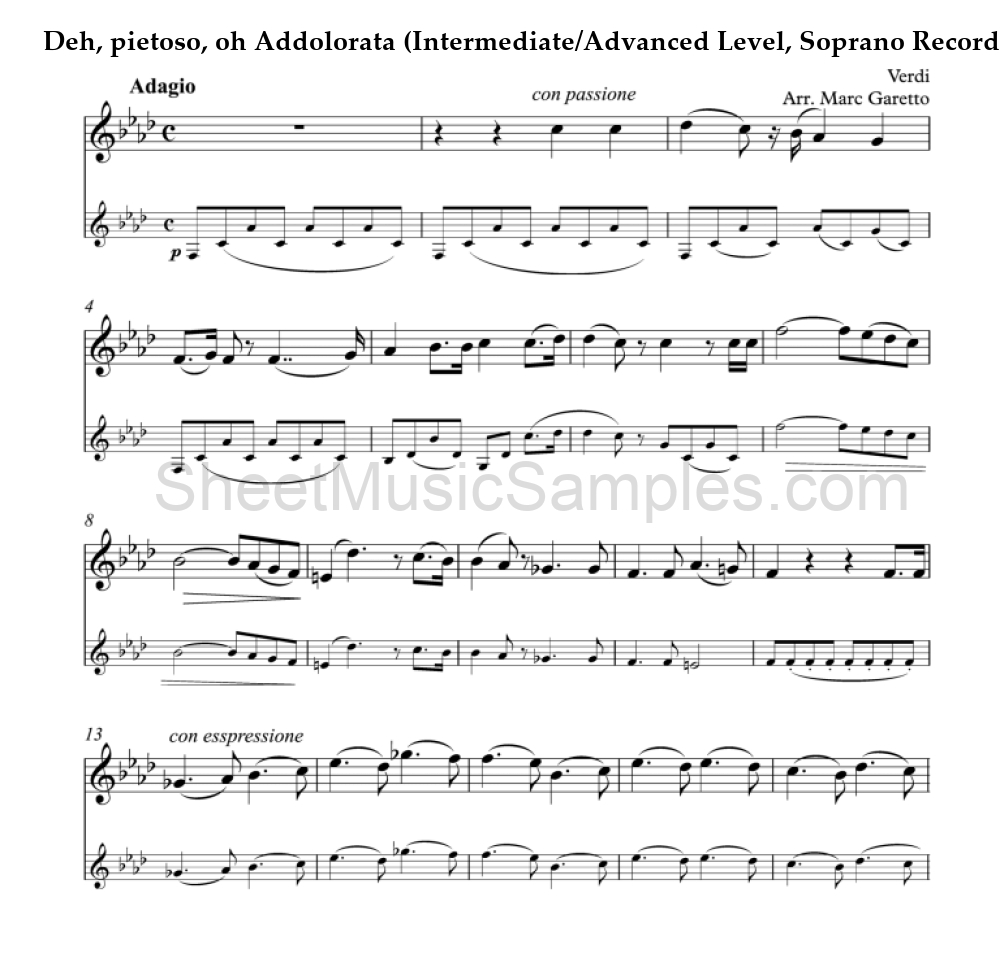 Deh, pietoso, oh Addolorata (Intermediate/Advanced Level, Soprano Recorder)