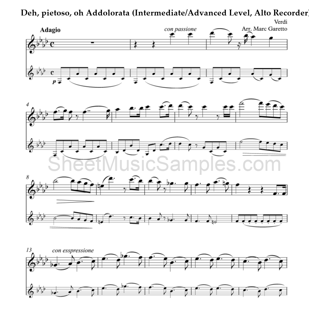 Deh, pietoso, oh Addolorata (Intermediate/Advanced Level, Alto Recorder)