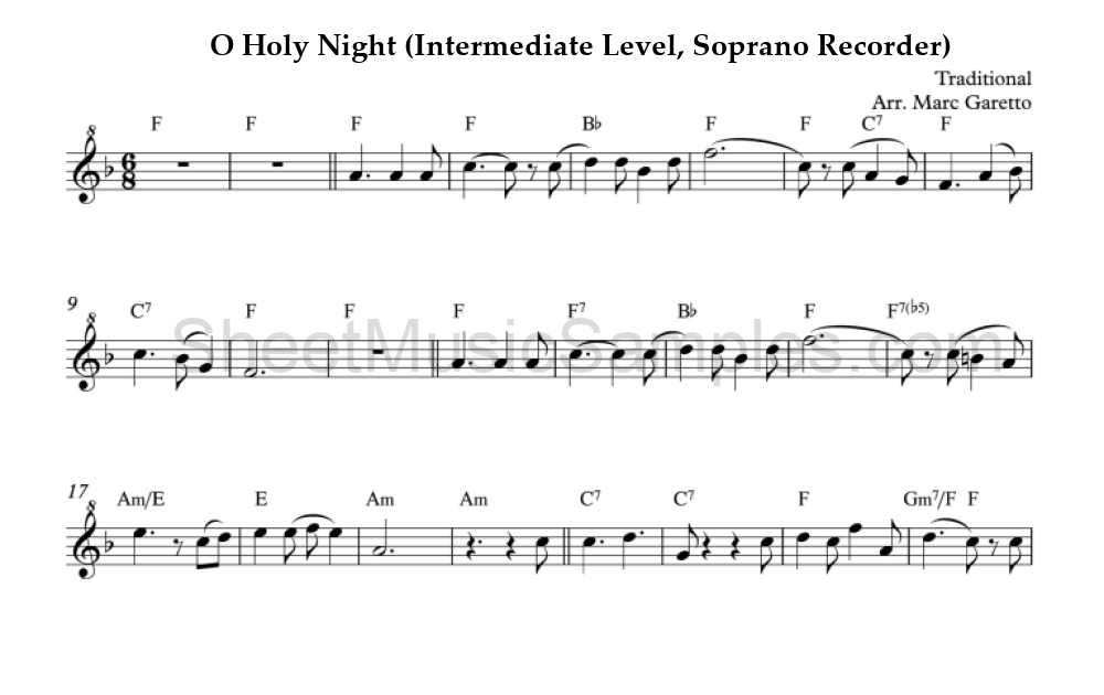 O Holy Night (Intermediate Level, Soprano Recorder)