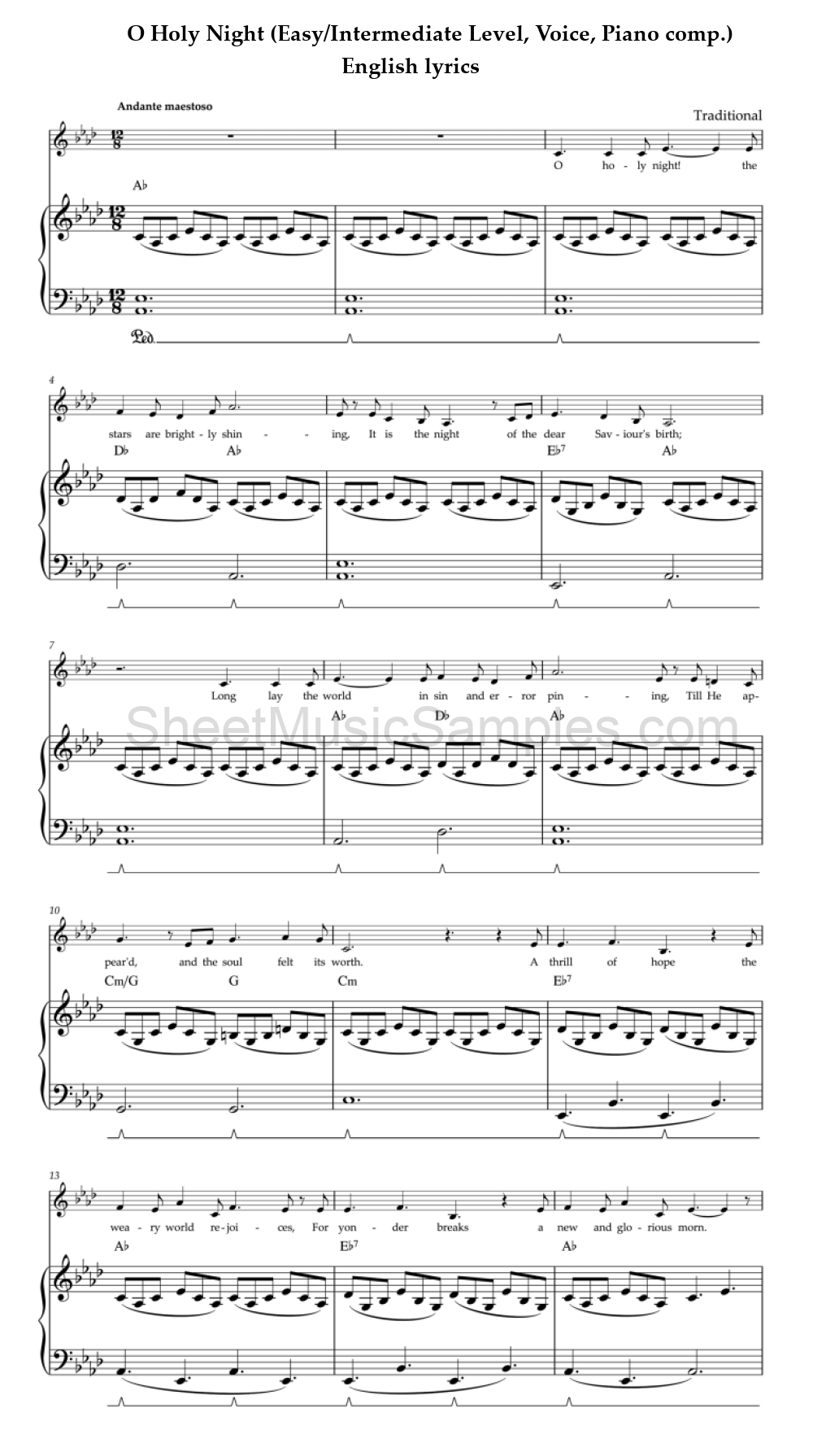 O Holy Night (Easy/Intermediate Level, Voice, Piano comp.) - English lyrics