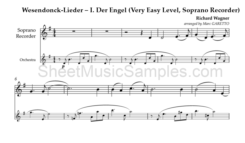 Wesendonck-Lieder – I. Der Engel (Very Easy Level, Soprano Recorder)