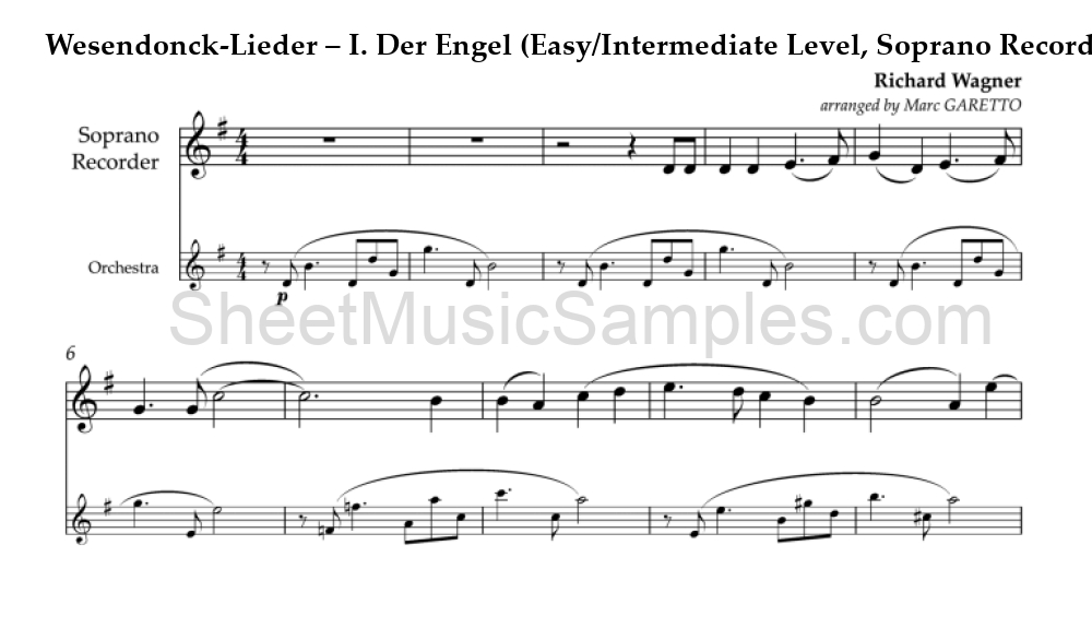 Wesendonck-Lieder – I. Der Engel (Easy/Intermediate Level, Soprano Recorder)