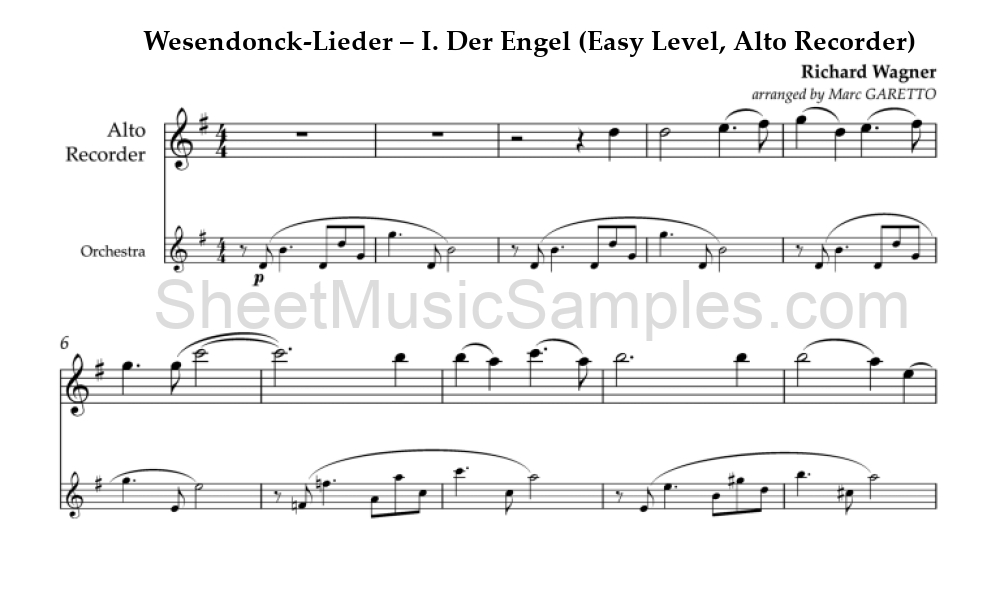 Wesendonck-Lieder – I. Der Engel (Easy Level, Alto Recorder)