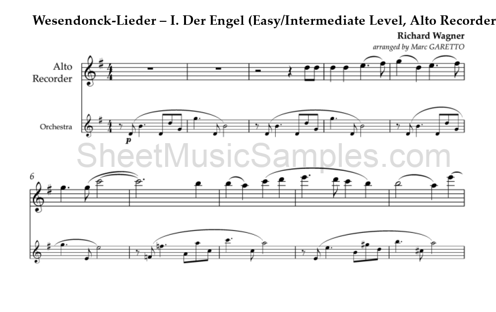 Wesendonck-Lieder – I. Der Engel (Easy/Intermediate Level, Alto Recorder)