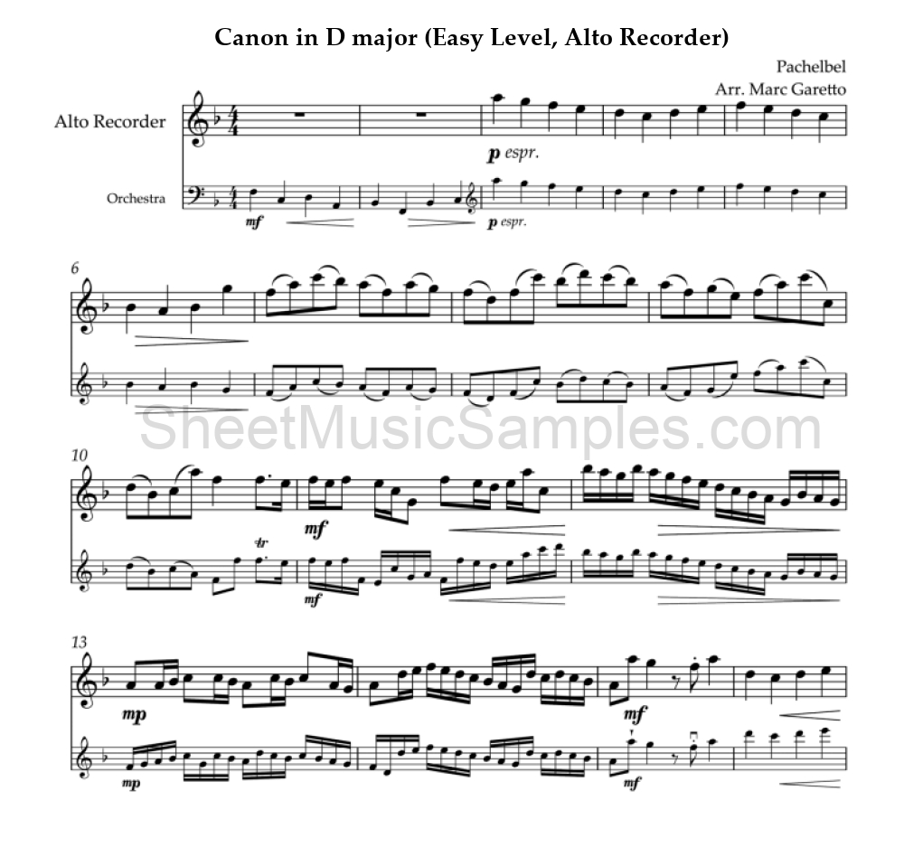 Canon in D major (Easy Level, Alto Recorder)