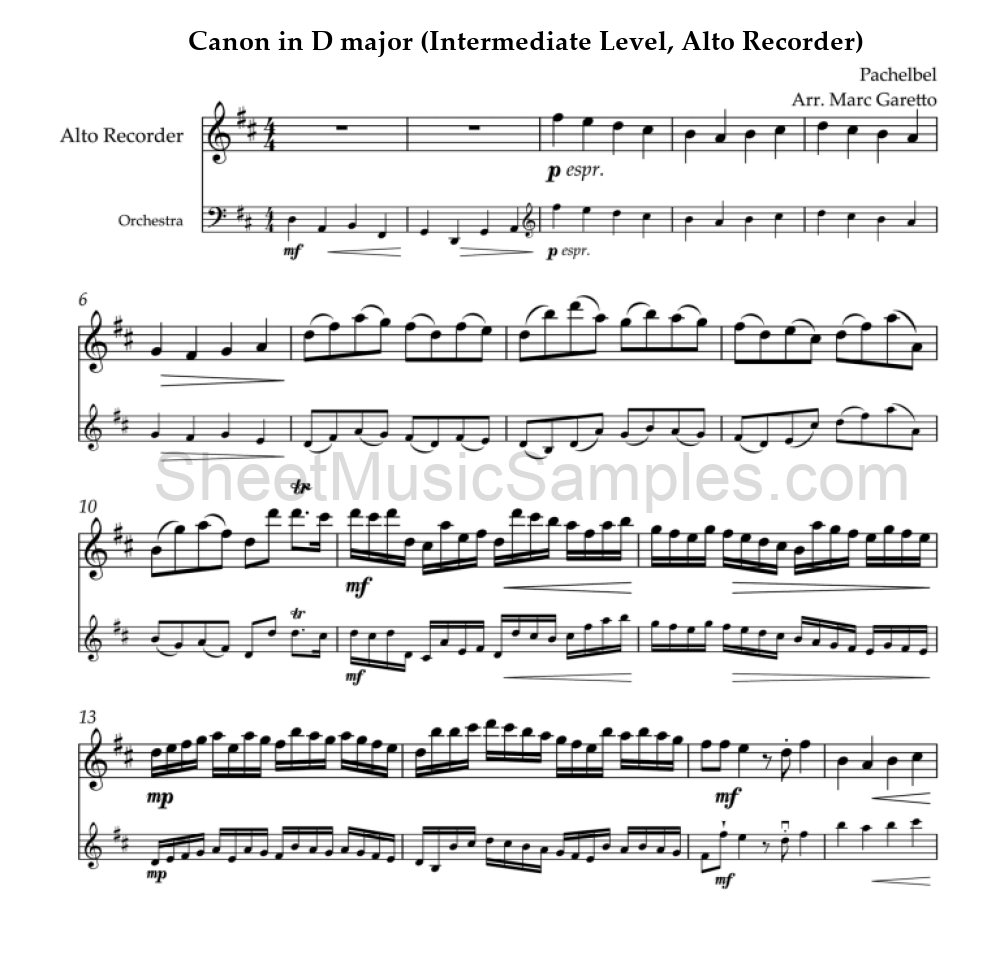 Canon in D major (Intermediate Level, Alto Recorder)