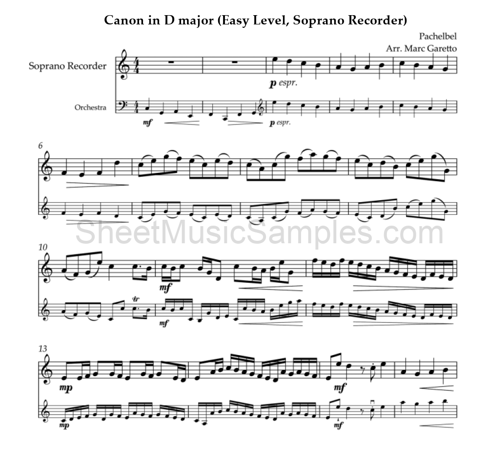 Canon in D major (Easy Level, Soprano Recorder)