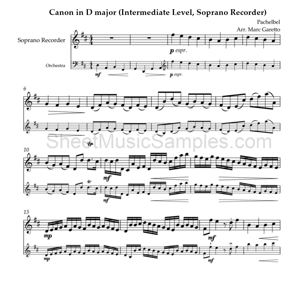 Canon in D major (Intermediate Level, Soprano Recorder)