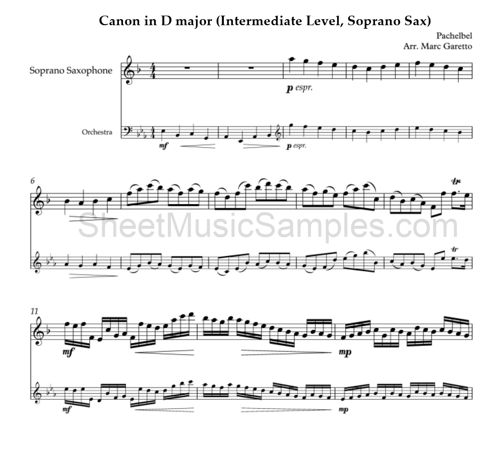 Canon in D major (Intermediate Level, Soprano Sax)