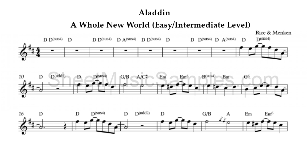 Aladdin - A Whole New World (Easy/Intermediate Level)