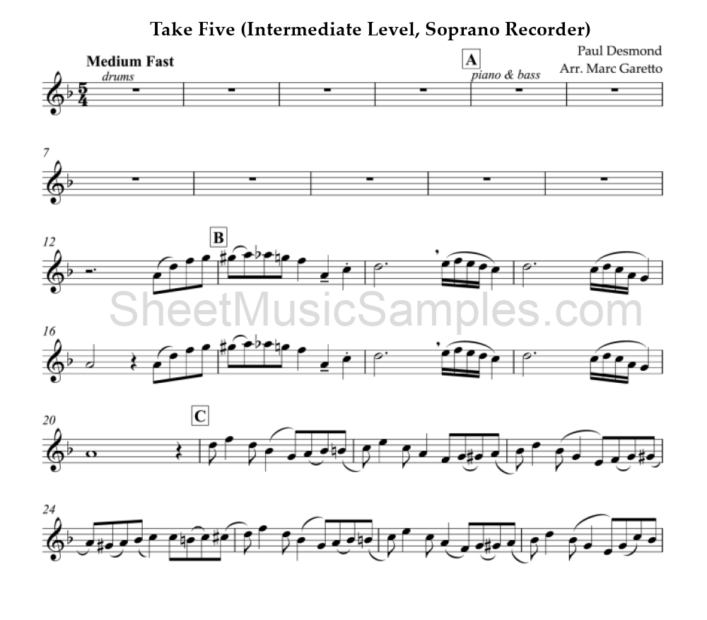 Take Five (Intermediate Level, Soprano Recorder)