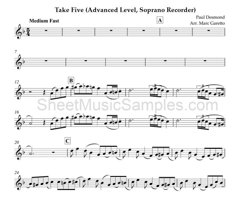 Take Five (Advanced Level, Soprano Recorder)