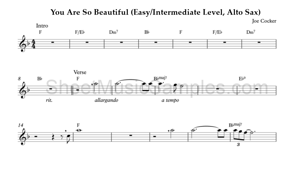 You Are So Beautiful (Easy/Intermediate Level, Alto Sax)