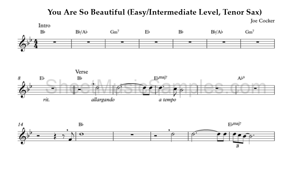 You Are So Beautiful (Easy/Intermediate Level, Tenor Sax)