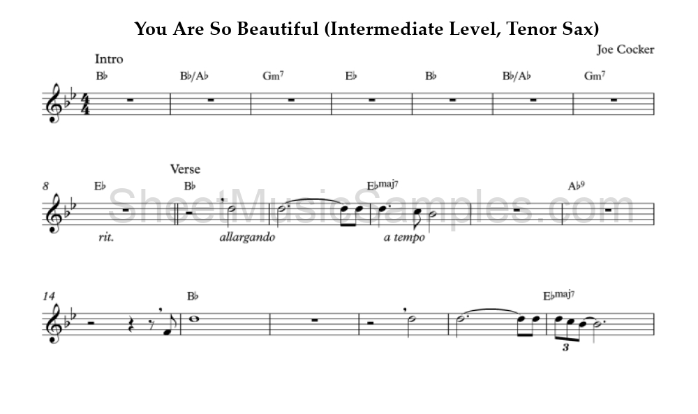 You Are So Beautiful (Intermediate Level, Tenor Sax)