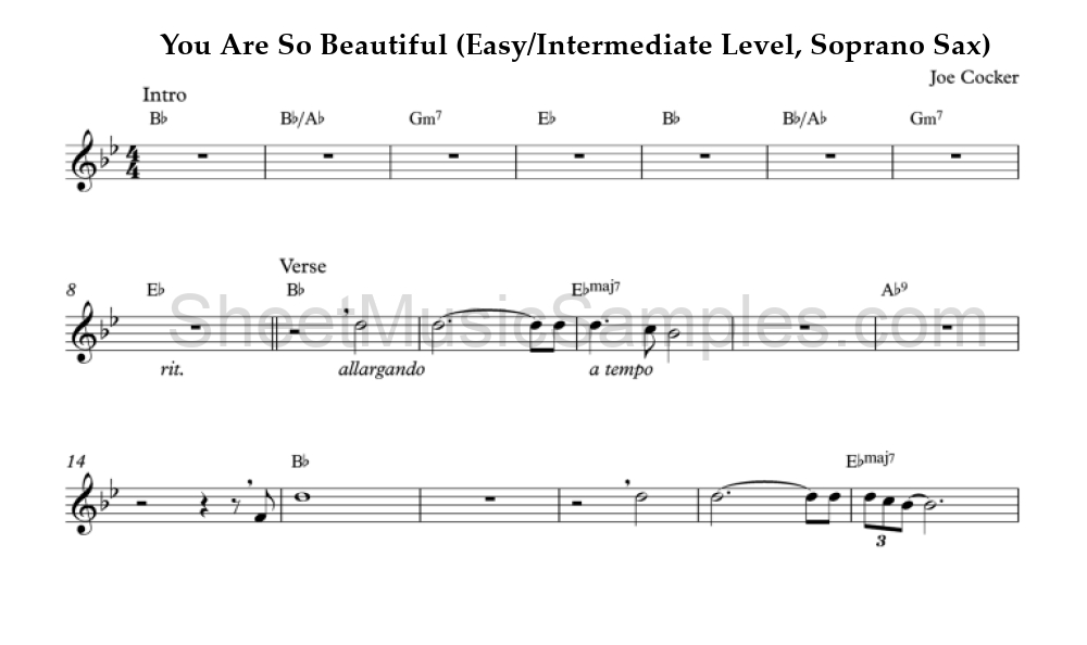 You Are So Beautiful (Easy/Intermediate Level, Soprano Sax)