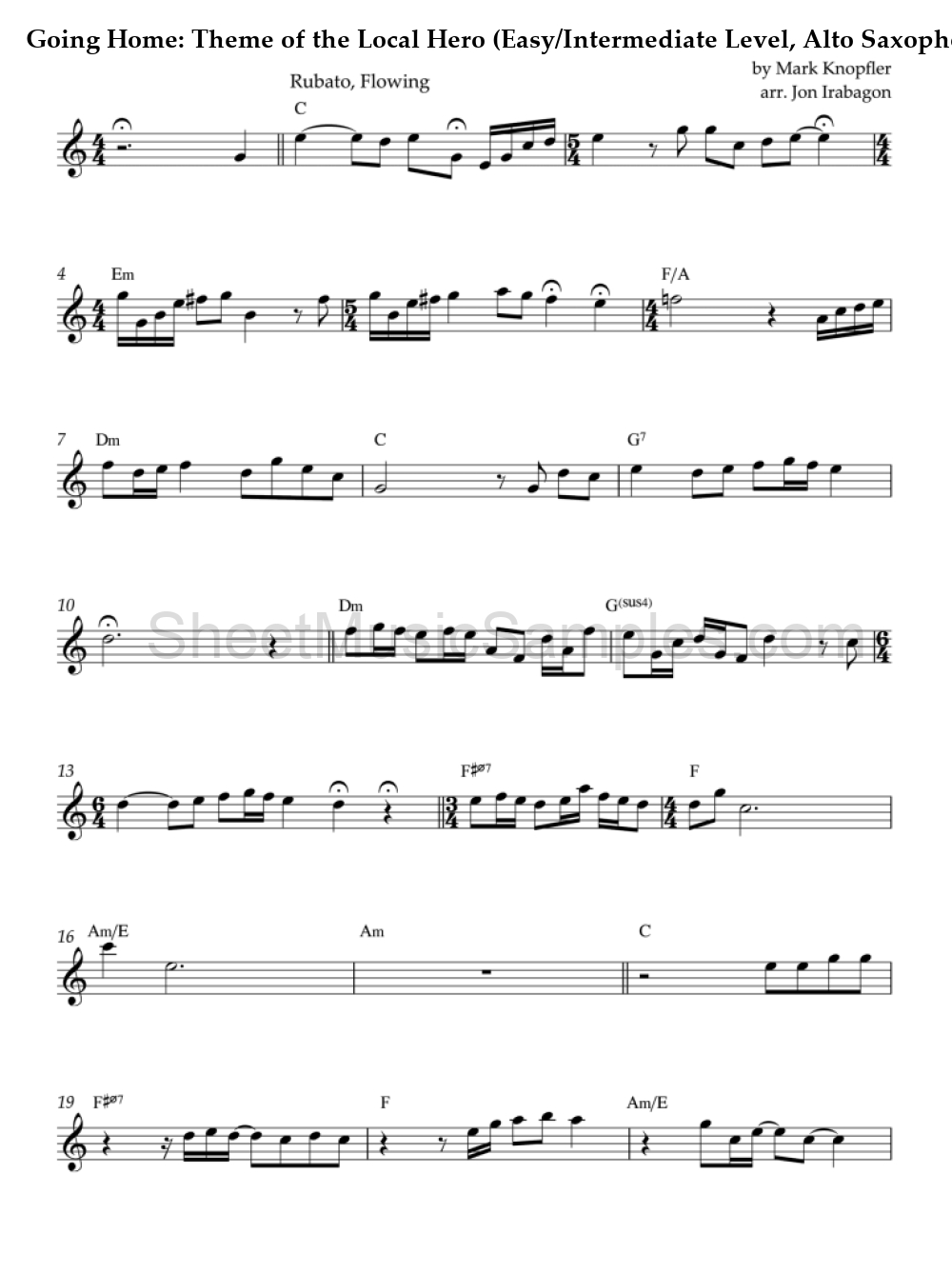 Going Home: Theme of the Local Hero (Easy/Intermediate Level, Alto Saxophone)