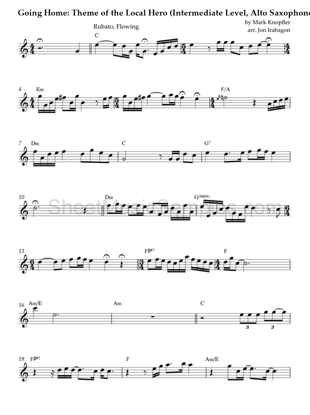 Going Home: Theme of the Local Hero (Intermediate Level, Alto Saxophone)