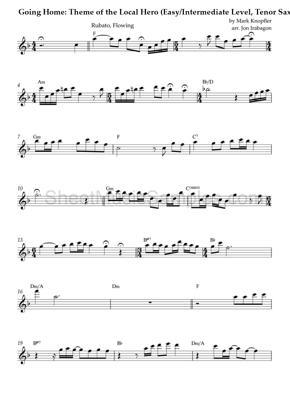 Going Home: Theme of the Local Hero (Easy/Intermediate Level, Tenor Sax)