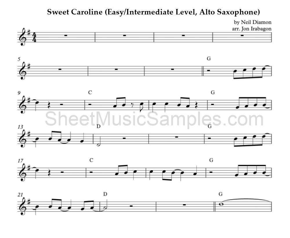 Sweet Caroline (Easy/Intermediate Level, Alto Saxophone)