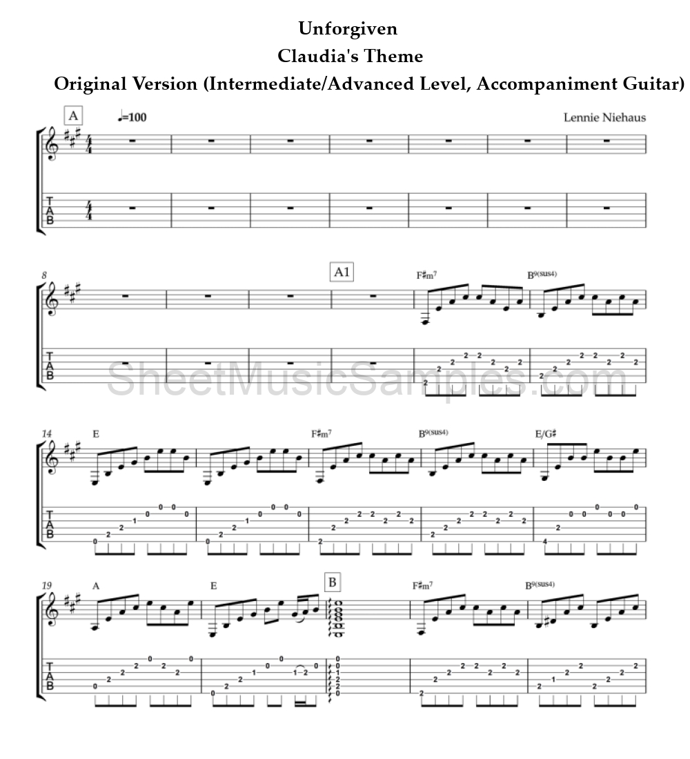 Unforgiven - Claudia's Theme - Original Version (Intermediate/Advanced Level, Accompaniment Guitar)